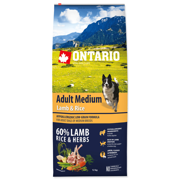 Ontario Adult Medium Lamb and Rice, 12 kg, pašaras vidutinių veislių šunims su ėriena ir ryžiais
