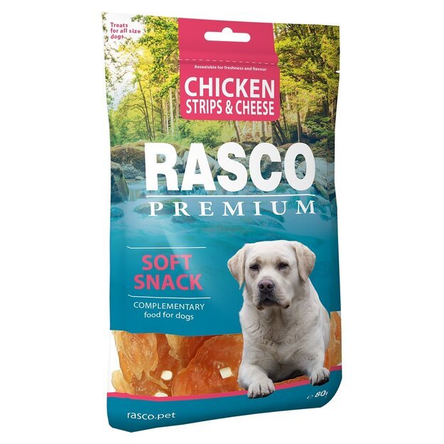 Rasco Premium vištiena su sūrio gabaliukais, skanėstai šunims, 80 g (Chicken Strips and Cheese)