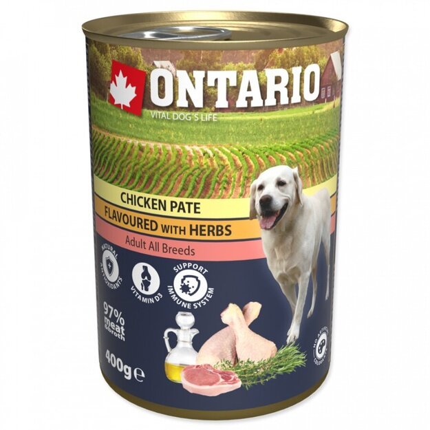 Ontario konservai šunims – vištiena, paskaninta žolelėmis, 400 g, Chicken Pate with Herbs