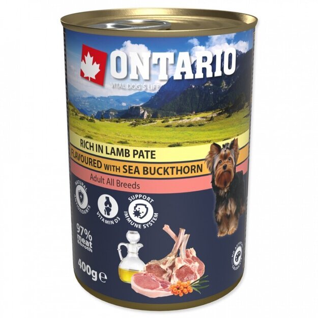 Ontario konservai šunims – Ėriena, paskaninta šaltalankiu, 400 g, Lamb Pate with Sea Buckthorn