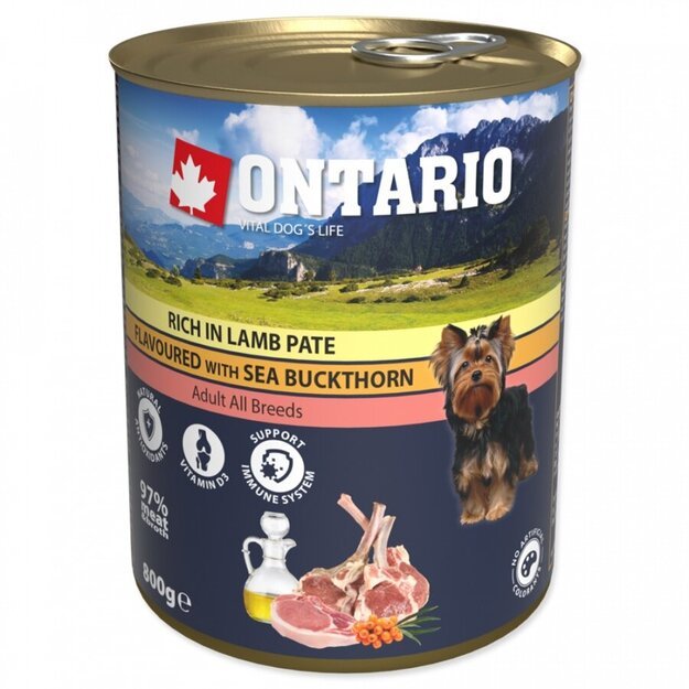 Ontario konservai šunims – Ėriena, paskaninta šaltalankiu, 800 g, Lamb Pate with Sea Buckthorn