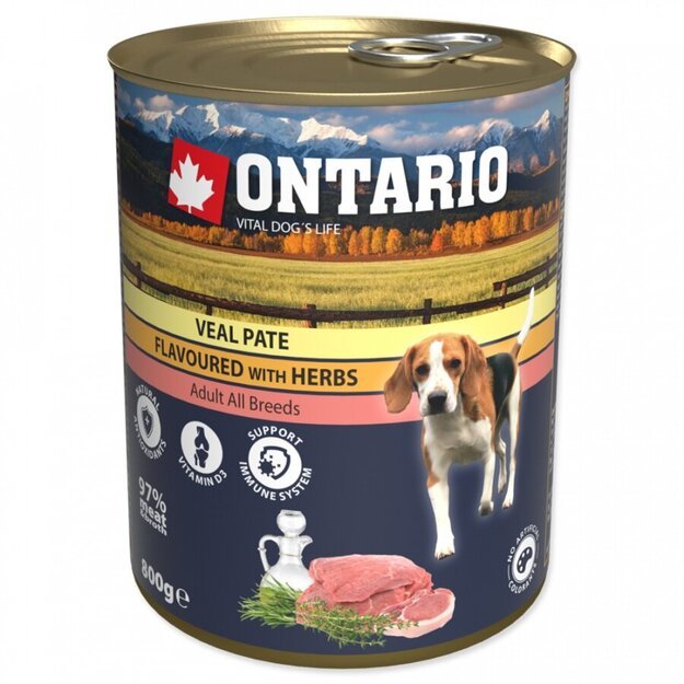 Ontario konservai šunims – Veršiena, paskaninta žolelėmis, 800 g, Veal Pate flavoured with Herbs