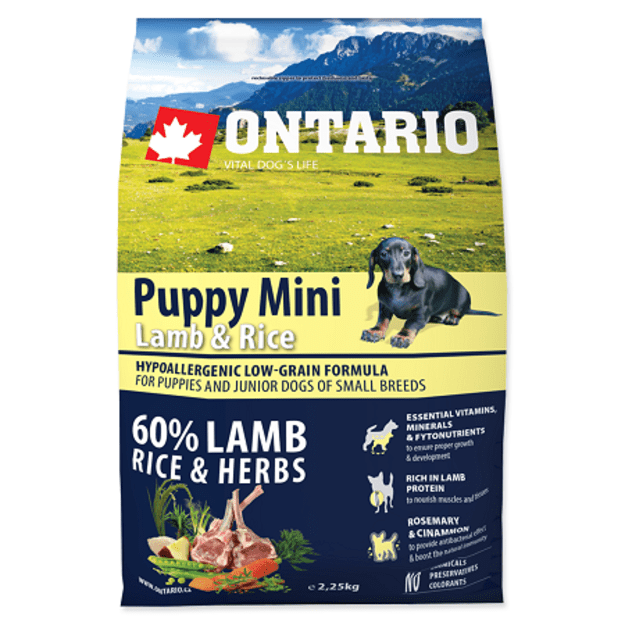 Ontario Puppy Mini Lamb and Rice, 2,25 kg, pašaras jauniems mažų veislių šunims su ėriena ir ryžiais
