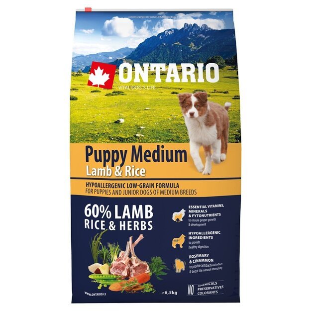 Ontario Puppy Medium Lamb and Rice, 6,5 kg, pašaras jauniems vidutinių veislių šunims su ėriena ir ryžiais