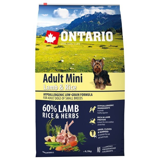 Ontario Adult Mini Lamb and Rice, 6,5 kg, pašaras mažų veislių šunims su ėriena ir ryžiais