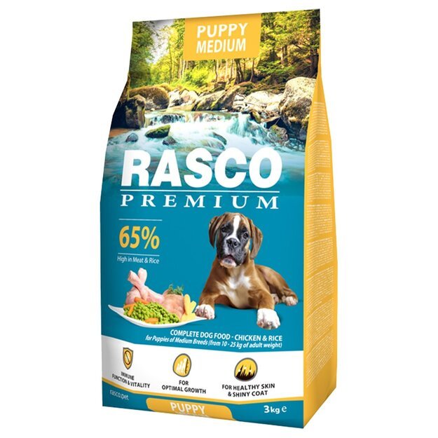 Rasco Premium Medium Junior, 3 kg, pašaras vidutinių veislių šuniukams su vištiena ir ryžiais