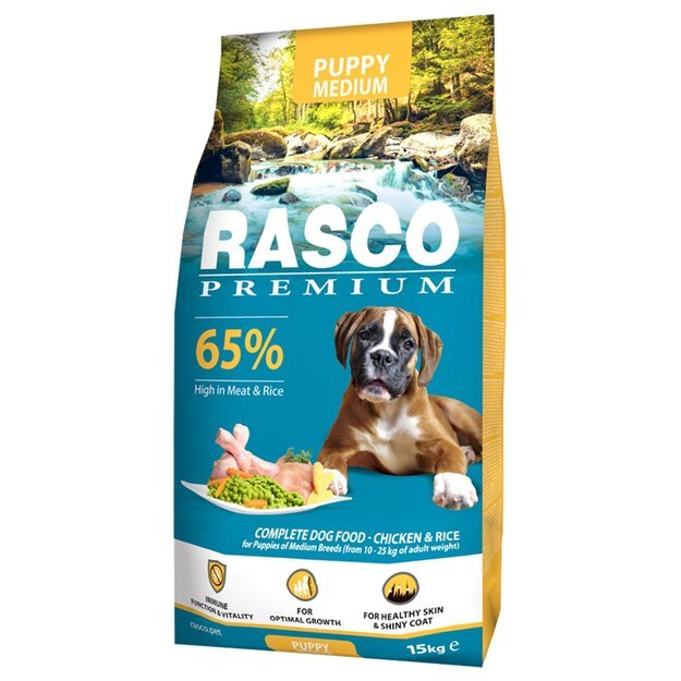 Rasco Premium Medium Junior, 15 kg, pašaras vidutinių veislių šuniukams su vištiena ir ryžiais