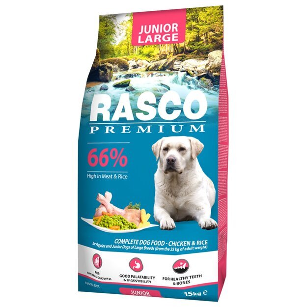 Rasco Premium Junior Large, 15 kg, pašaras didelių veislių šuniukams su vištiena ir ryžiais