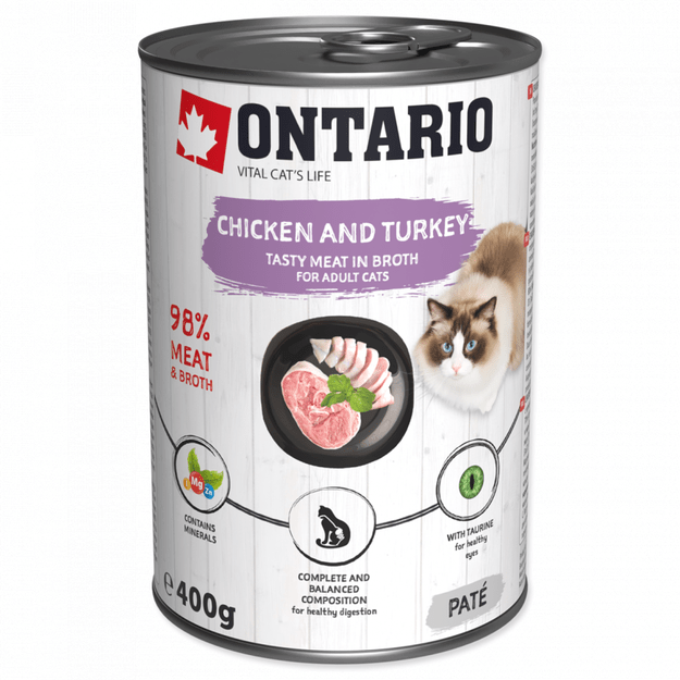 Ontario super premium konservai katėms su vištiena, kalakutiena ir lašišų aliejumi, 400 g