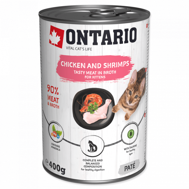Ontario super premium konservai kačiukams su vištiena, krevetėmis ir lašišų aliejumi, 400 g