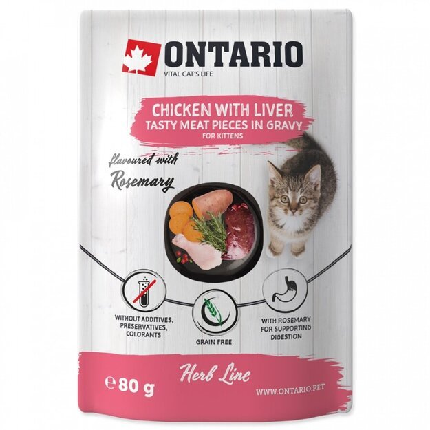 Ontario konservai kačiukams Kitten – vištiena su kepenėlėmis padaže, 80 g