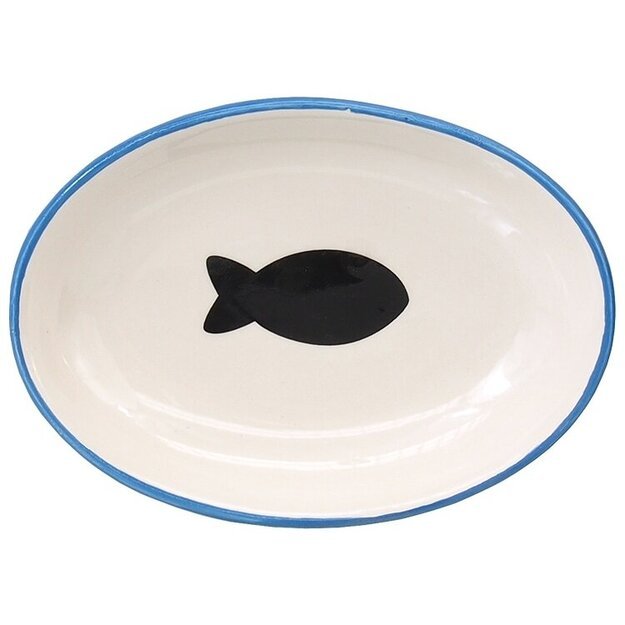 Dubenėlis katei keraminis, Magic Cat, ovalus mėlynas su žuvimi, 13 cm