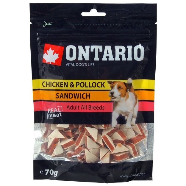 Ontario skanėstas šunims - vištienos ir menkės sumuštiniai, 70 g (Ontario Chicken and Pollock Sandwich)
