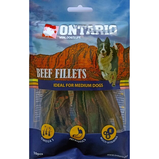 Ontario skanėstai šunims - Jautienos odos juostelės, 10 vnt. (Beef Fillets)