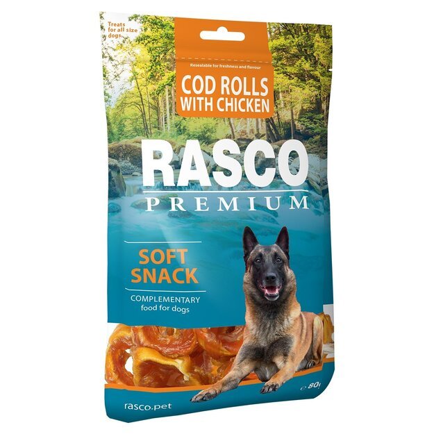 Rasco Premium menkės ritinėliai su vištiena, skanėstai šunims, 80 g (Cod Rolls With Chicken)