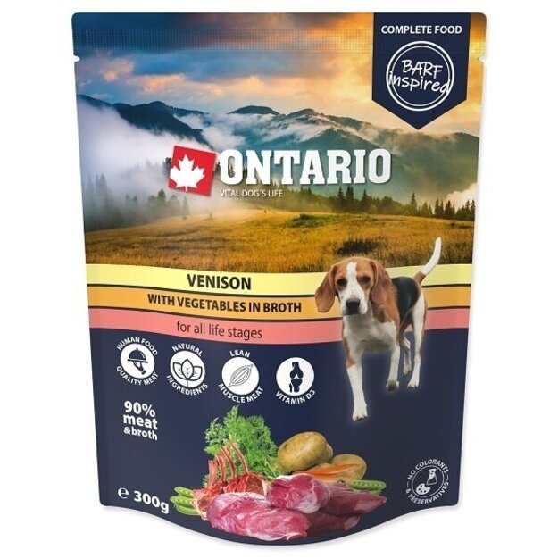 Ontario troškinys šunims iš elnienos ir daržovių sultinyje, 300 g, Pouch Venison with vegetables in broth