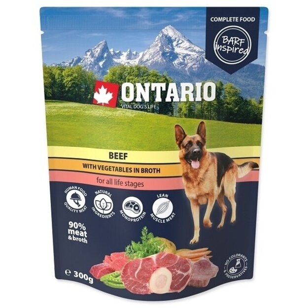 Ontario troškinys šunims iš jautienos ir daržovių sultinyje, 300 g, Pouch Beef with vegetables in broth