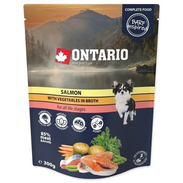 Ontario troškinys šunims iš lašišos ir daržovių sultinyje, 300 g, Pouch Salmon with vegetables in broth