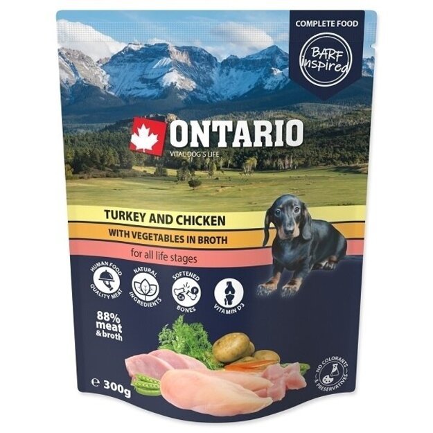 Ontario troškinys šunims iš kalakutienos, vištienos ir daržovių sultinyje, 300 g, Pouch Turkey and Chicken with vegetables in broth