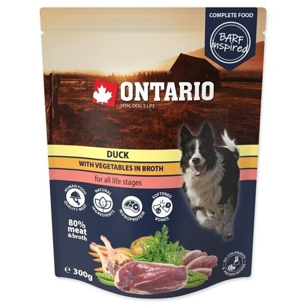 Ontario troškinys šunims iš antienos ir daržovių sultinyje, 300 g, Pouch Duck with vegetables in broth