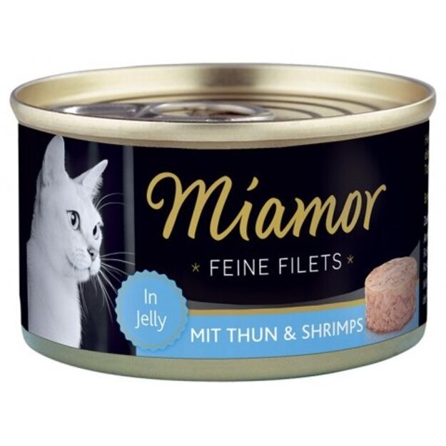 12 vnt. Miamor Super Premium konservų katėms su tunu ir krevetėmis, 100 g, + 12 vnt. Miamor Super Premium konservų katėms su tunu ir kalmarais, 100 g