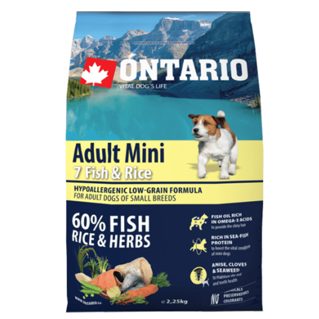 Ontario Adult Mini Fish & Rice 2,25kg, pašaras mažų veislių šunims su žuvimis ir ryžiais