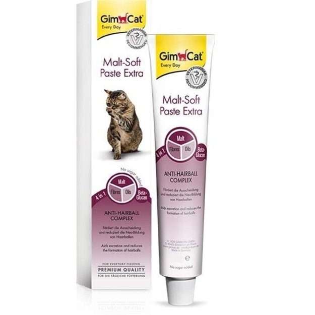 GimCat maisto papildas katėms - Malt-Soft Extra Anti-Hairball pasta kačių žarnyno veiklai gerinti, 100 g