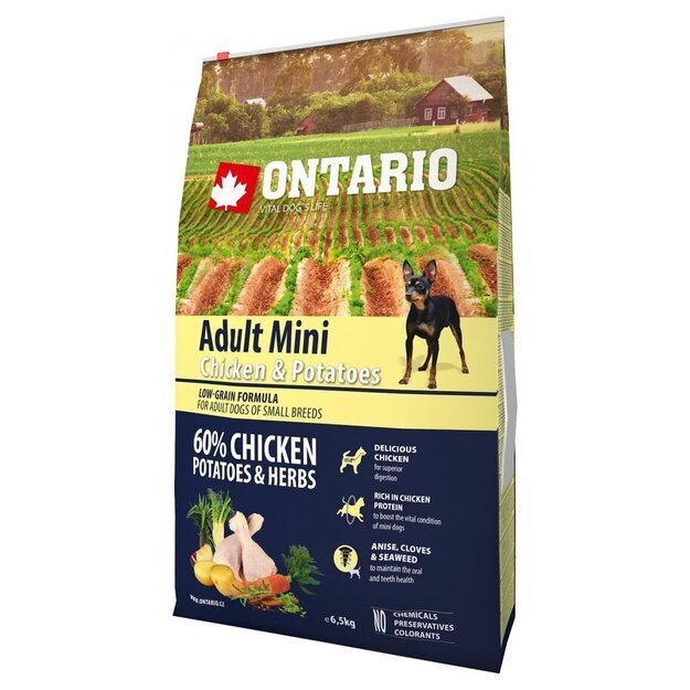 Ontario Adult Mini Chicken and Potatoes, 6,5 kg, pašaras mažų veislių šunims su vištiena ir bulvėmis