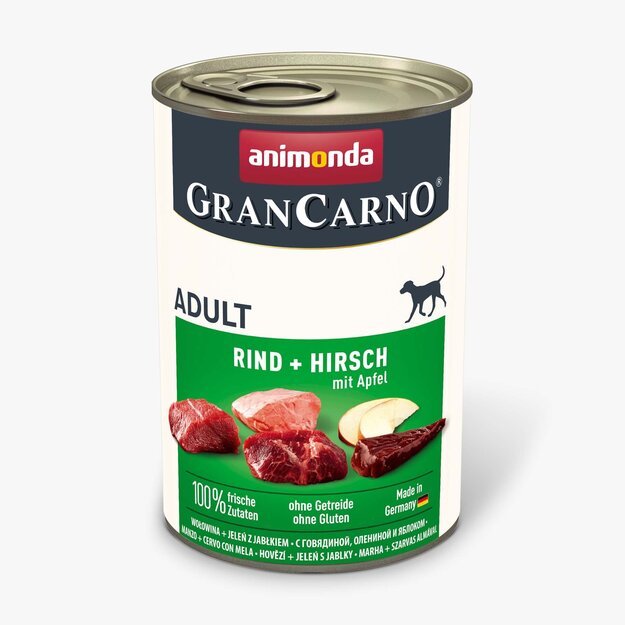 Animonda GranCarno Adult Beef + Venison with Aples: konservai šunims su šviežia jautiena ir elniena, pagardinta obuoliais, 400 g