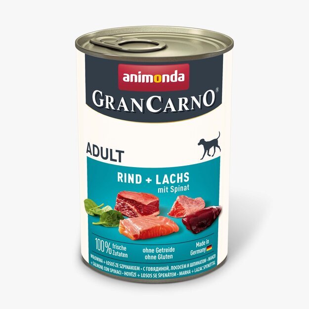 Animonda GranCarno Adult Beef + Salmon with Spinach: konservai šunims su šviežia jautiena ir lašiša, praturtinta špinatais, 400g