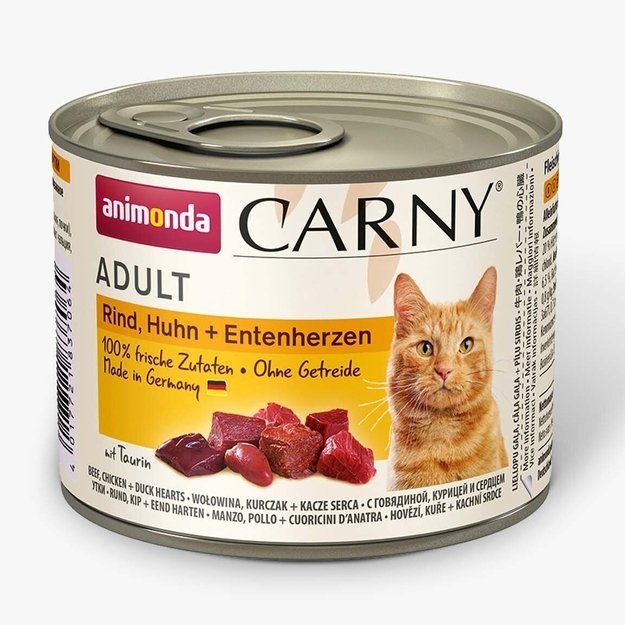 Animonda Carny Adult Beef + Chicken + Duck Heart – konservai katėms su šviežia jautiena, vištiena ir anties širdelėmis, 200 g