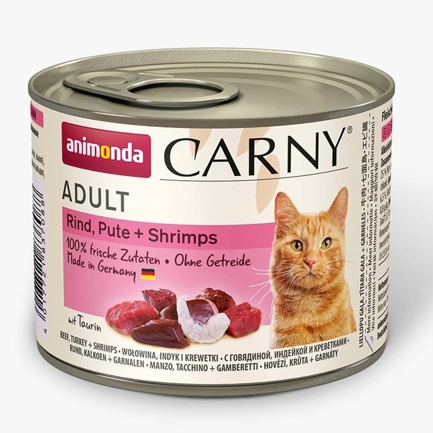 Animonda Carny Adult Beef + Turkey + Shrimp – konservai katėms su šviežia jautiena, kalakutiena ir krevetėmis, 200 g