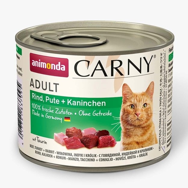 Animonda Carny Adult Beef + Turkey + Rabbit – konservai katėms su šviežia jautiena, kalakutiena ir triušiena, 200 g