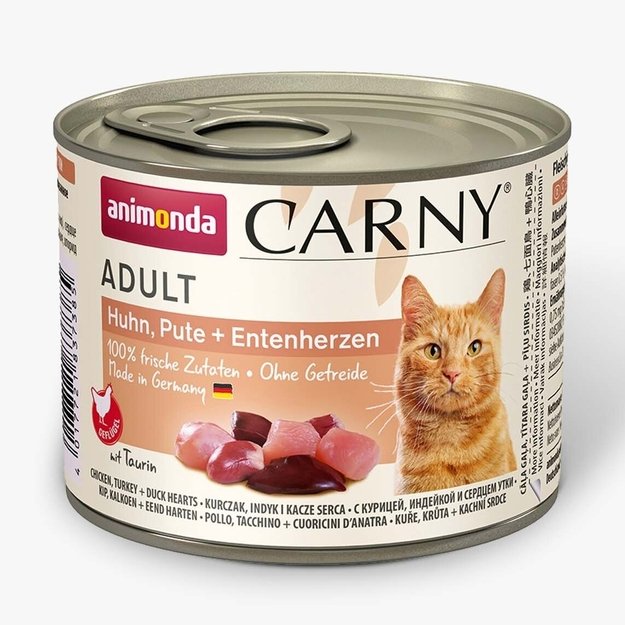 Animonda Carny Adult Chicken, Turkey + Duck Hearts – konservai katėms su vištiena, kalakutiena ir ančių širdelėmis, 200 g