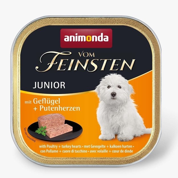 Animonda Vom Feinsten Junior with Poultry and Turkey Hearts - konservai šuniukams/jauniems šunims su paukštiena ir kalakutų širdimis, 150 g