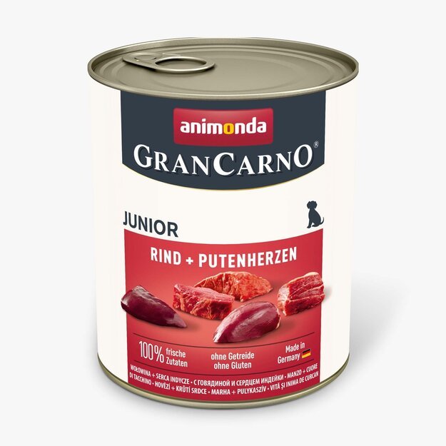 Animonda GranCarno Junior Beef + Turkey Hearts: konservai šuniukams/jauniems šunims su šviežia jautiena ir kalakutų širdimis, 400g