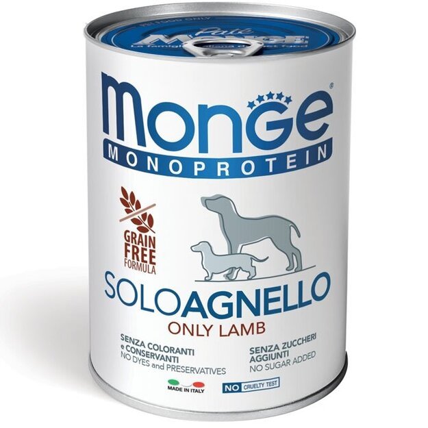 Monge Monoproteico Solo Agnello – Monoproteininiai konservai šunims su gryna ėriena, 400 g