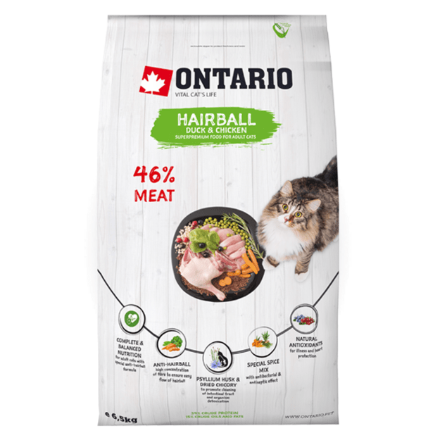 Sausas maistas katėms nuo plaukų gumuliukų susidarymo, Ontario Hairball, 6,5 kg