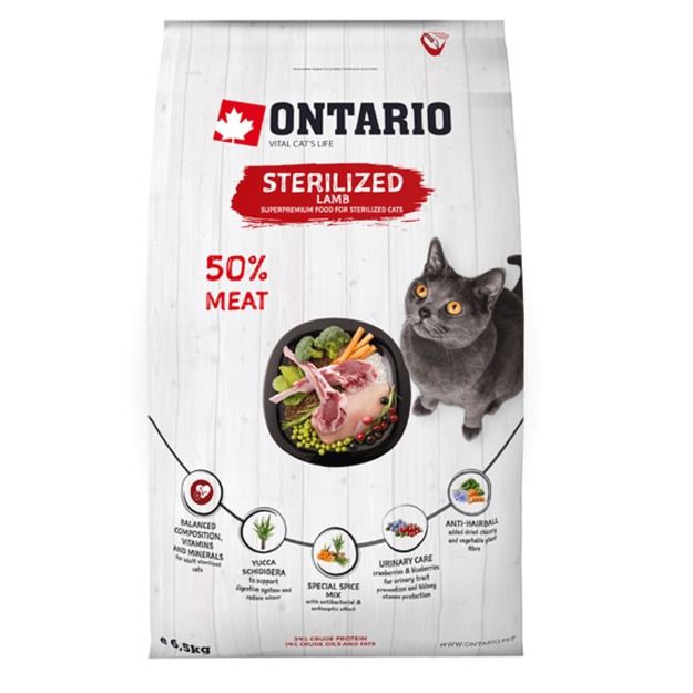 Sausas maistas sterilizuotoms katėms su ėriena, Ontario Sterilized Lamb, 6,5 kg