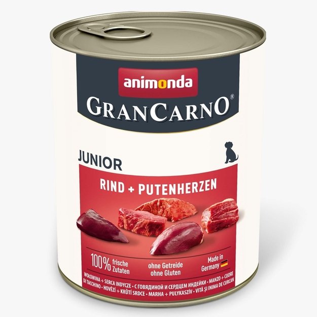 Animonda GranCarno Junior Beef + Turkey Hearts: konservai šuniukams/jauniems šunims su šviežia jautiena ir kalakutų širdimis, 800 g