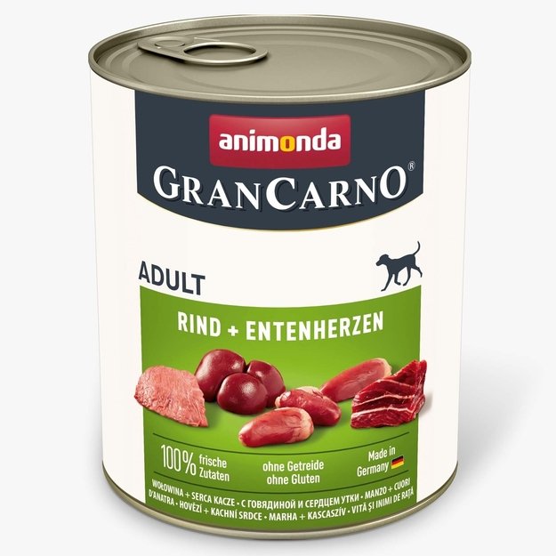 Animonda GranCarno Adult Beef + Duck Hearts: konservai suaugusiems šunims su jautiena ir ančių širdelėmis, 800 g