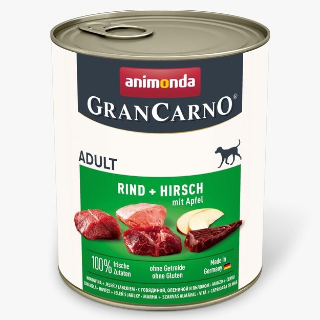 Animonda GranCarno Adult Beef + Venison with Aples: konservai šunims su šviežia jautiena ir elniena, pagardinta obuoliais, 800 g