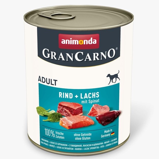 Animonda GranCarno Adult Beef + Salmon with Spinach: konservai šunims su šviežia jautiena ir lašiša, praturtinta špinatais, 800 g