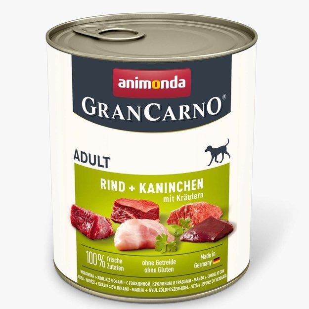 Animonda GranCarno Adult Beef + Rabbit with Herbs: konservai suaugusiems šunims su šviežia jautiena ir triušiena, paskaninta žolelėmis, 800 g