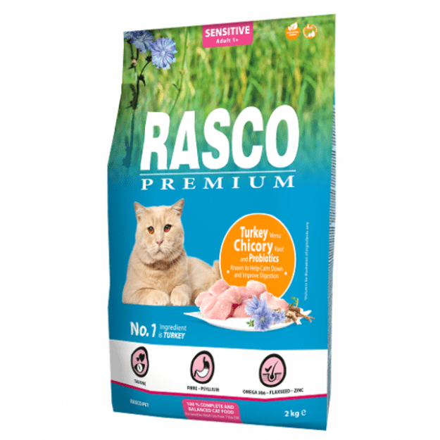 Sausas maistas jautrioms katėms su kalakutiena, cikorija ir pieno rūgšties bakterijomis, 2 kg, Rasco Premium Cat Sensitive, Turkey, Chicory, Lactic acid bacteria