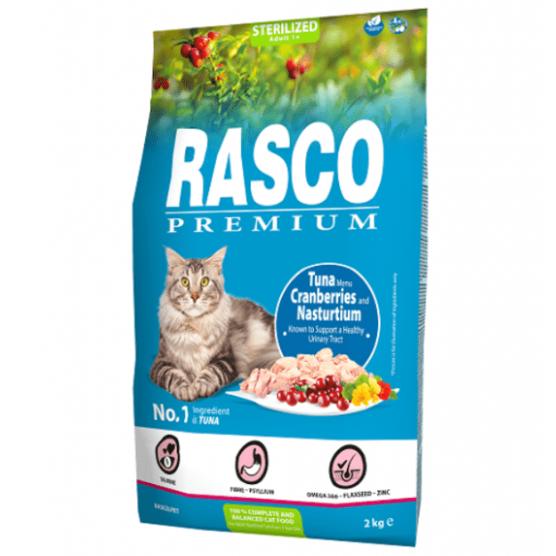 Sausas maistas sterilizuotoms katėms su tunu, spanguolėmis, nasturtomis, 2 kg, Rasco Premium Cat Sterilized, Tuna, Cranberries, Nasturtium