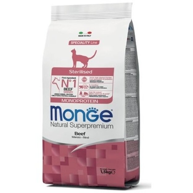 Sausas maistas sterilizuotoms katėms su jautiena, 1,5 kg, Monge Dry Cat Adult Sterilized Beef Monoprotein