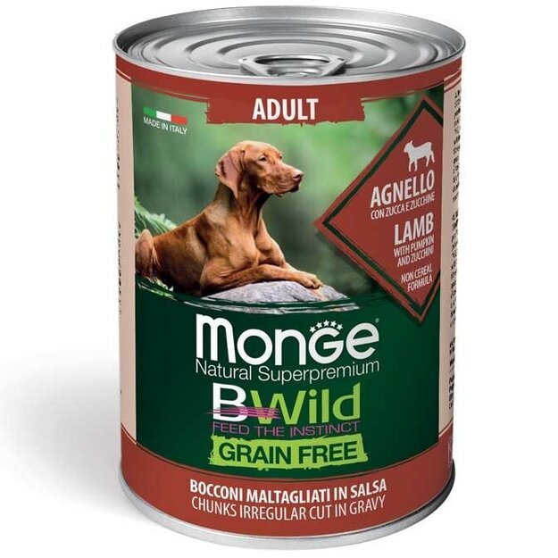 Monge BWild begrūdžiai konservai šunims su ėriena, moliūgu ir cukinija, 400 g