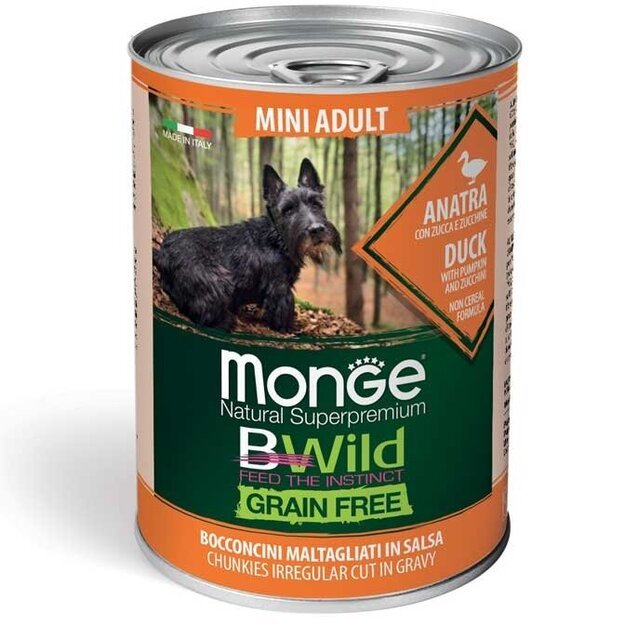 Monge BWild begrūdžiai konservai šunims su antiena, moliūgu ir cukinija, 400 g