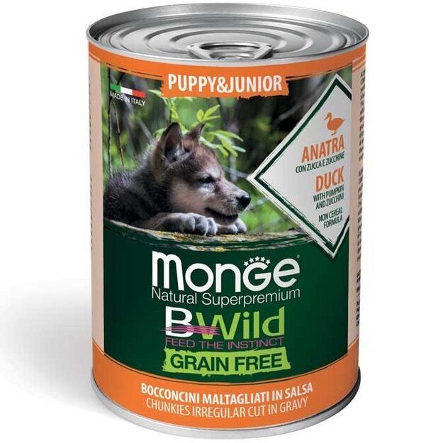 Monge BWild begrūdžiai konservai šuniukams su antiena, moliūgu ir cukinija, 400 g